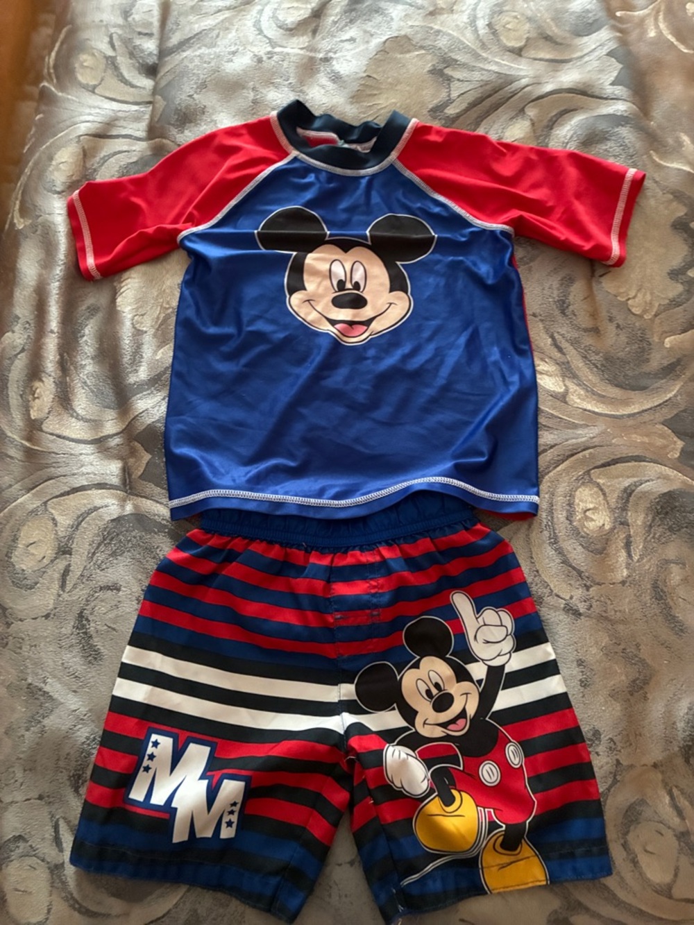 Disney Kids Mickey Mouse Rashguard Swim Set in Blue, Red, Black & White, size 5T